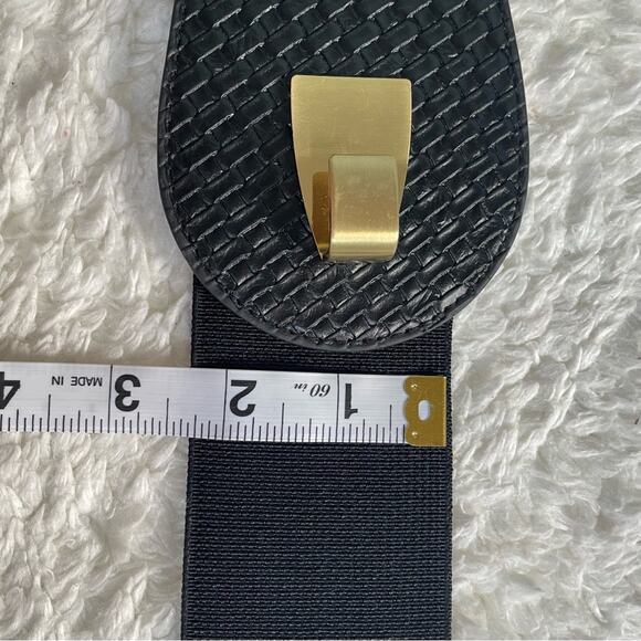 Black Chunky Gold Metal Buckle Woven Stretch Belt Statement Waist Cincher M/L - Picture 7 of 9